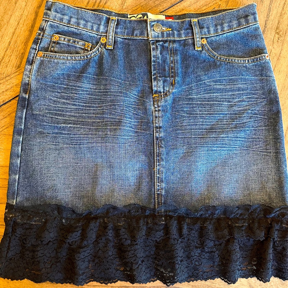 ROXY 2000s Vintage Jean Mini Skirt w/Black Lace Size 5